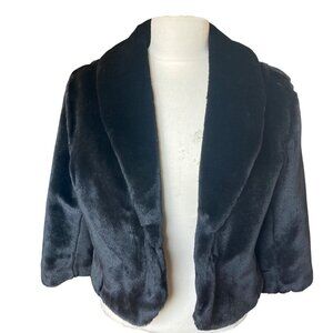 Black Rivet Faux Fur Open Jacket Womens Large 3/4 Sleeve Retro Mob Wife USA Made